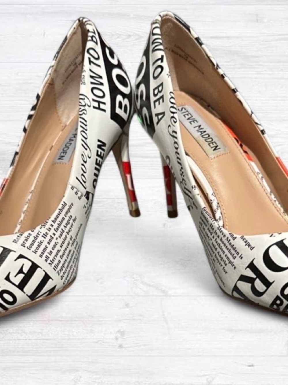 Steve Madden Black-and-White Newspaper Print Pointed Pumps